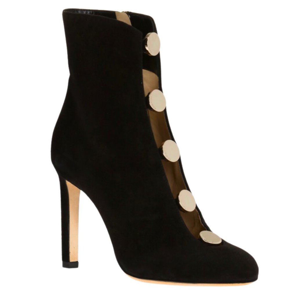 JIMMY CHOO LORETTA BLACK SUEDE ANKLE BOOT, CUT-OUT FRONT & GOLD-TONED BUTTONS - Picture 3 of 15